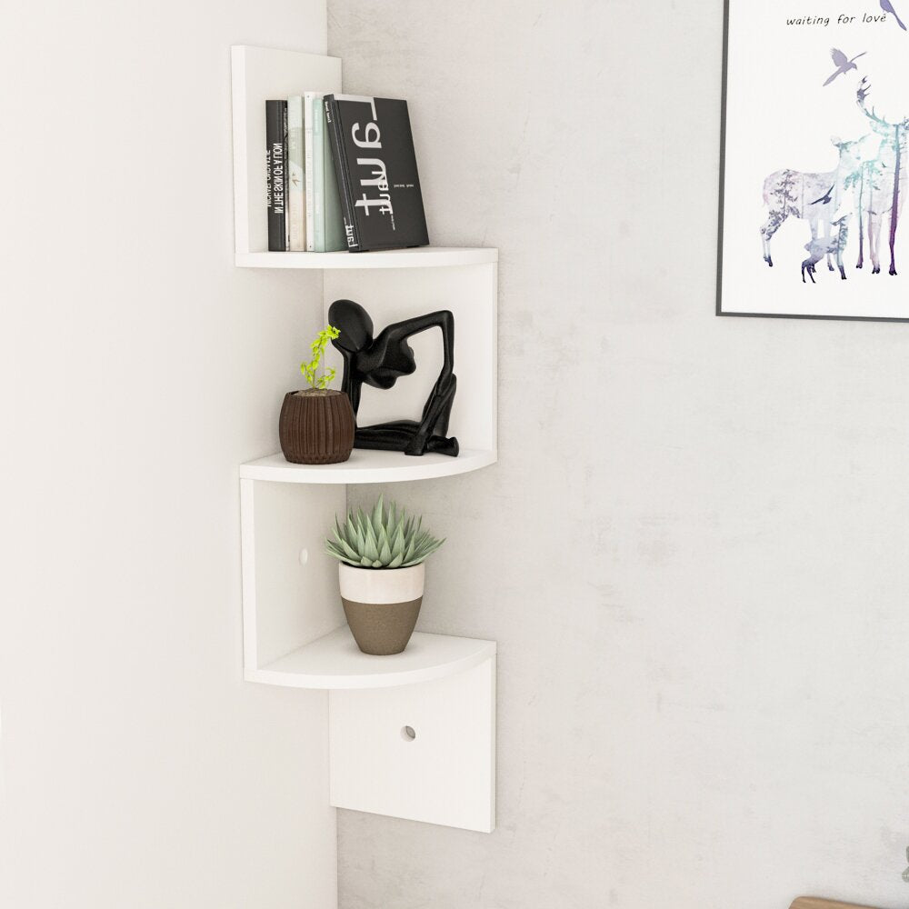 3 Tier Floating Wall Corner Shelves Display Storage Rack, White