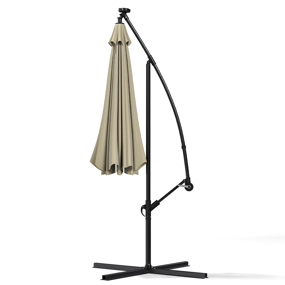 3M Large Garden Hanging LED Parasol Cantilever Sun Shade Banana Umbrella with Cross Base, Beige