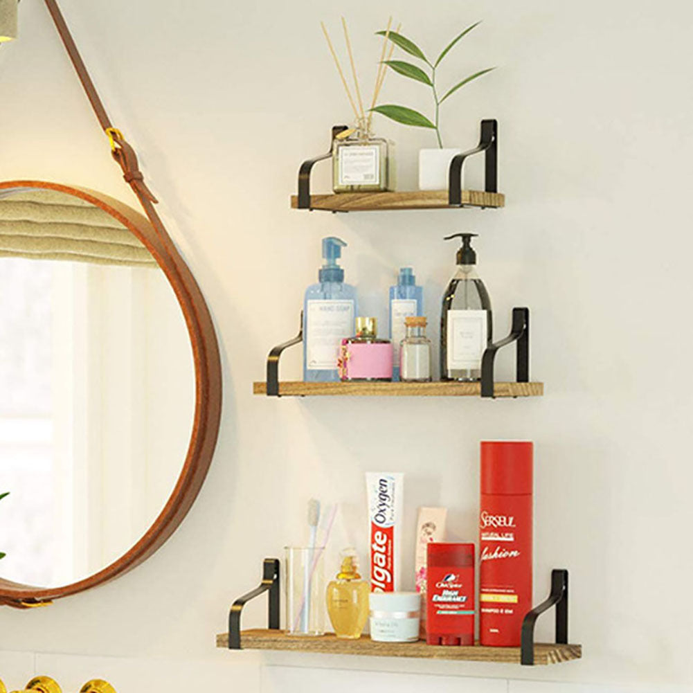 Set of 3 Floating Industrial Wood Metal Wall Shelf Storage Unit