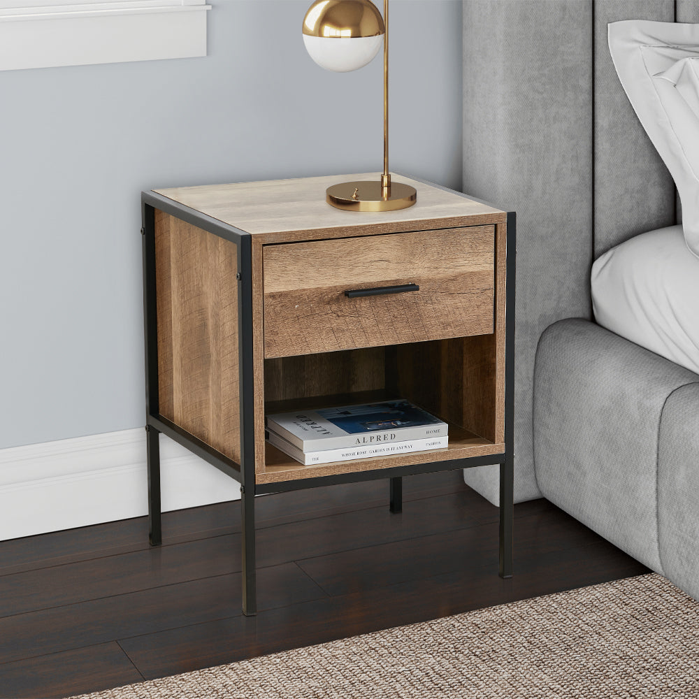Metal Frame Wood Industrial Bedside Table with Drawer