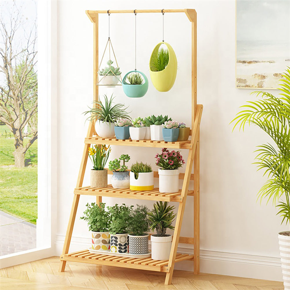 3 Tier Ladder Foldable Plant Stand with Hanging Bar, Wood
