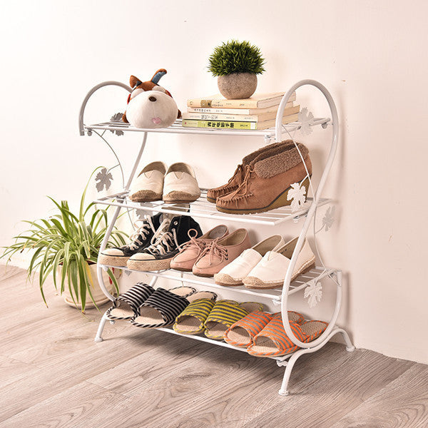 4 Tier Iron Shoe Rack Leaf Decoration, White