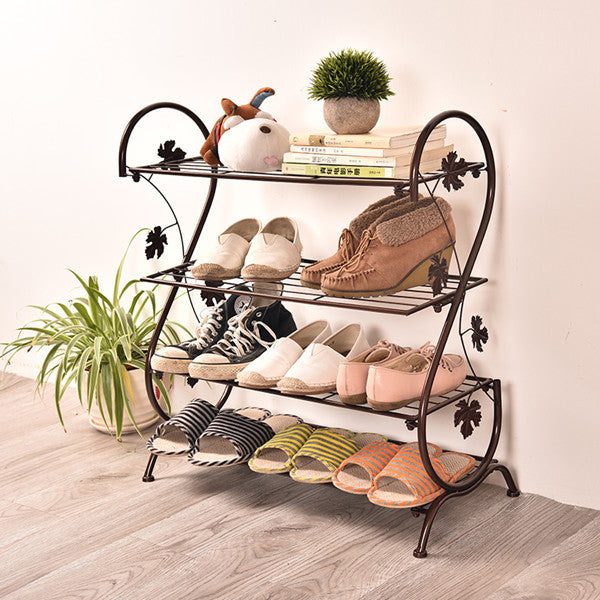 4 Tier Iron Shoe Rack Leaf Decoration, Black