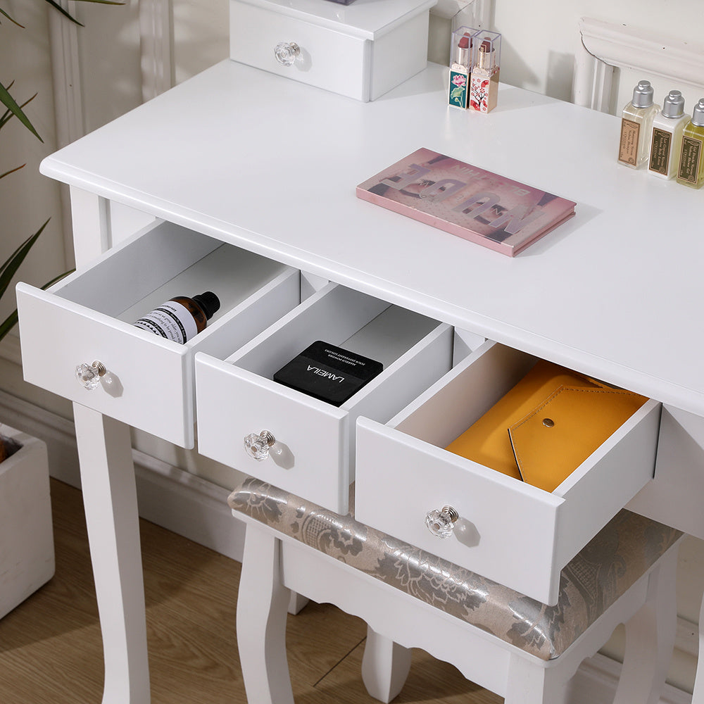 White Makeup Vanity Table with Adjustable Mirror Stool and 5 Drawers