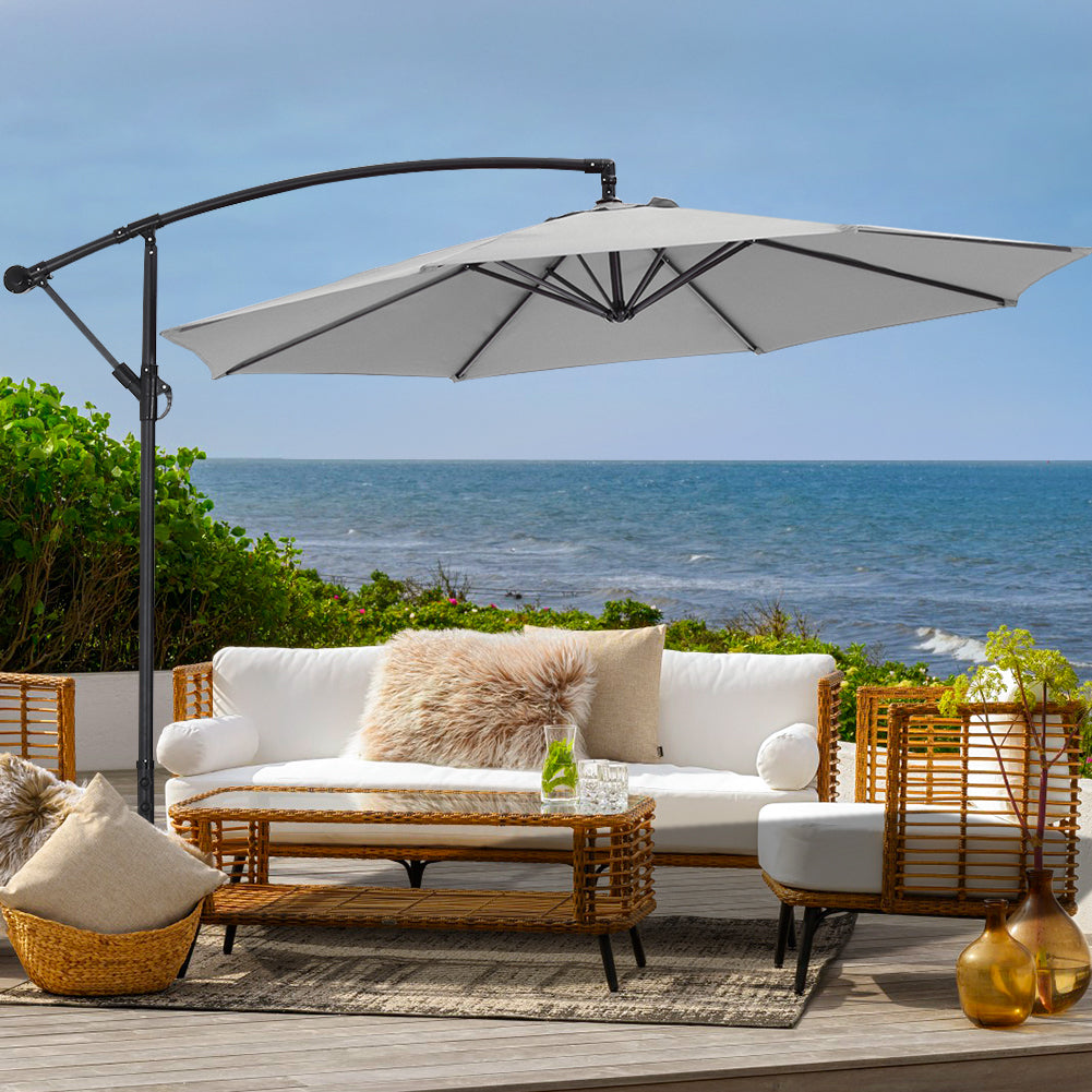 3M Large Garden Hanging Parasol Cantilever Sun Shade Patio Banana Umbrella No Base Light Grey