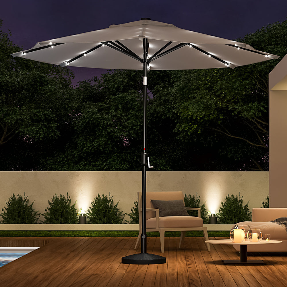 3M Large Garden LED Parasol Outdoor Beach Umbrella with Light Sun Shade Crank Tilt with 14KG Round Base, Light Grey