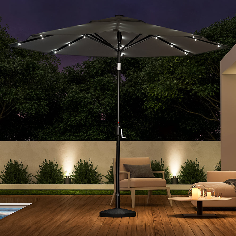 3M Large Garden LED Parasol Outdoor Beach Umbrella with Light Sun Shade Crank Tilt with 14KG Round Base, Dark Grey