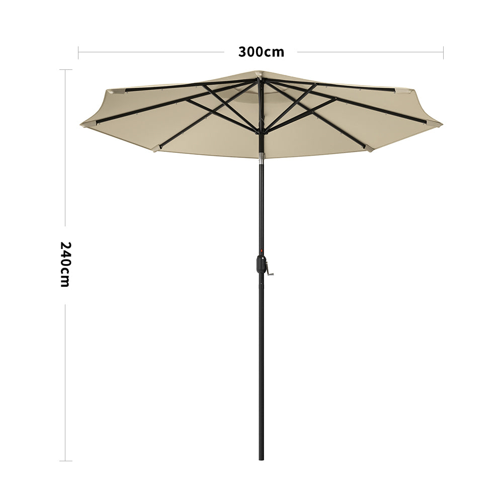 3M Large Garden LED Parasol Outdoor Beach Umbrella with Light Sun Shade Crank Tilt No Base, Beige