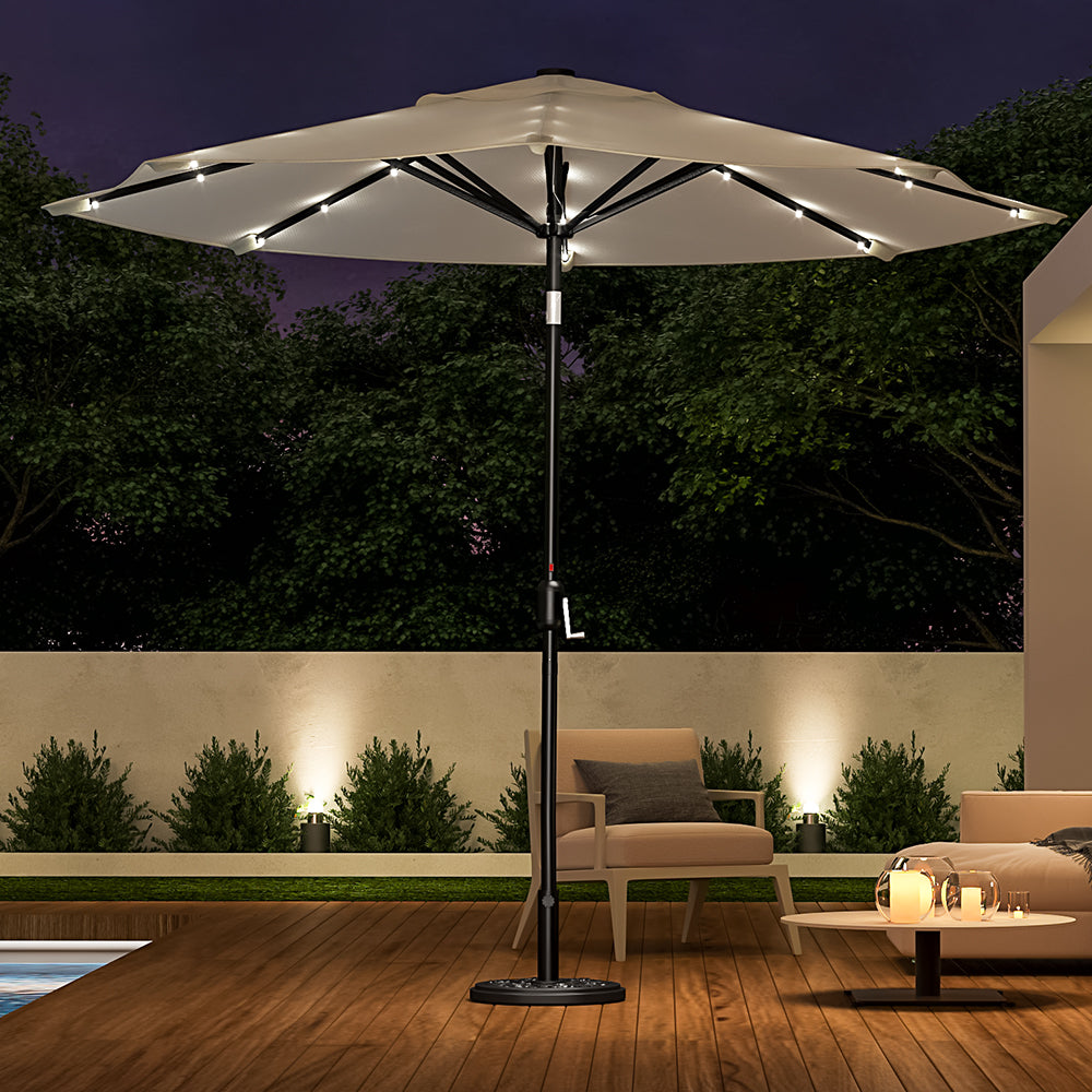 3M Large Garden LED Parasol Outdoor Umbrella with Light Sun Shade Crank Tilt with 10KG Round Base, Beige