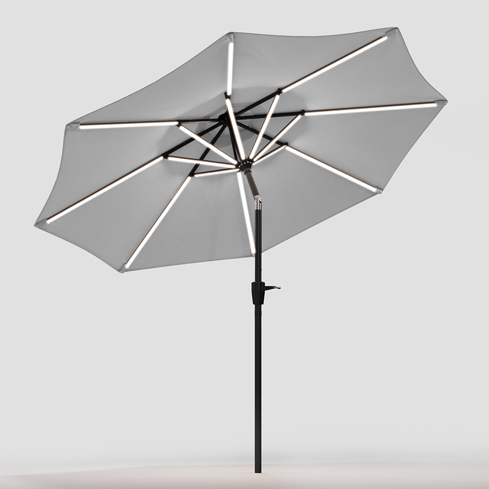 3M Light Grey Large Garden LED Parasol Outdoor Beach Umbrella with Light Sun Shade Crank Tilt No Base