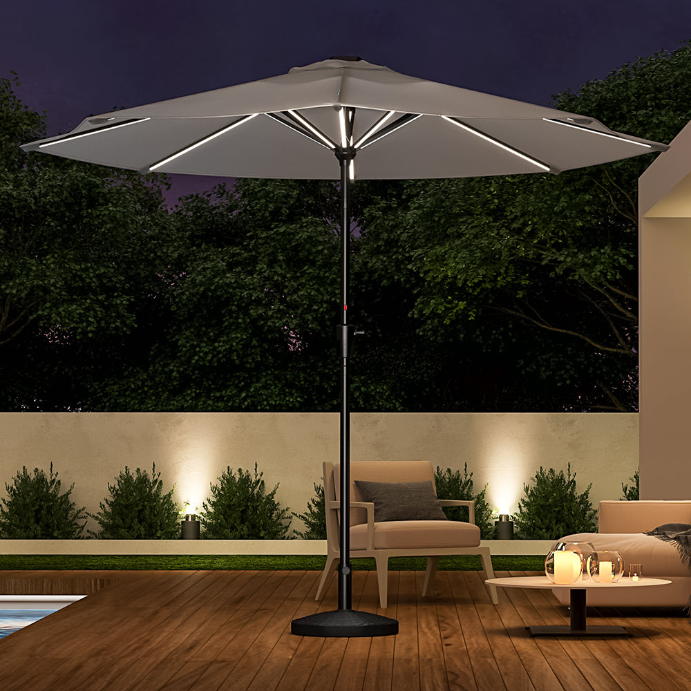 3M Light Grey Large Garden LED Parasol Outdoor Beach Umbrella with Light Sun Shade Crank Tilt with 14KG Round Base