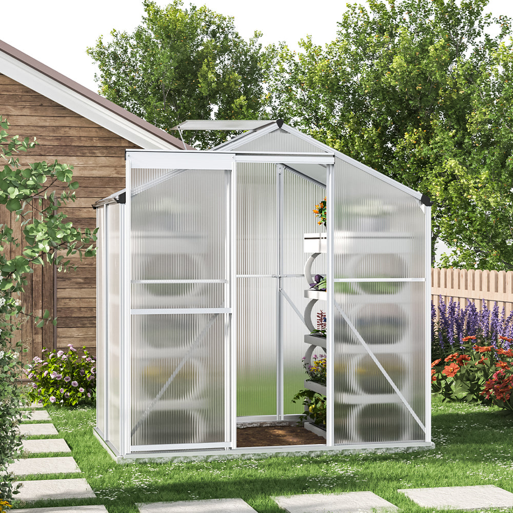 4ft x 6ft Greenhouse Polycarbonate Aluminium Greenhouse with Window, Sliding Door, and Foundation