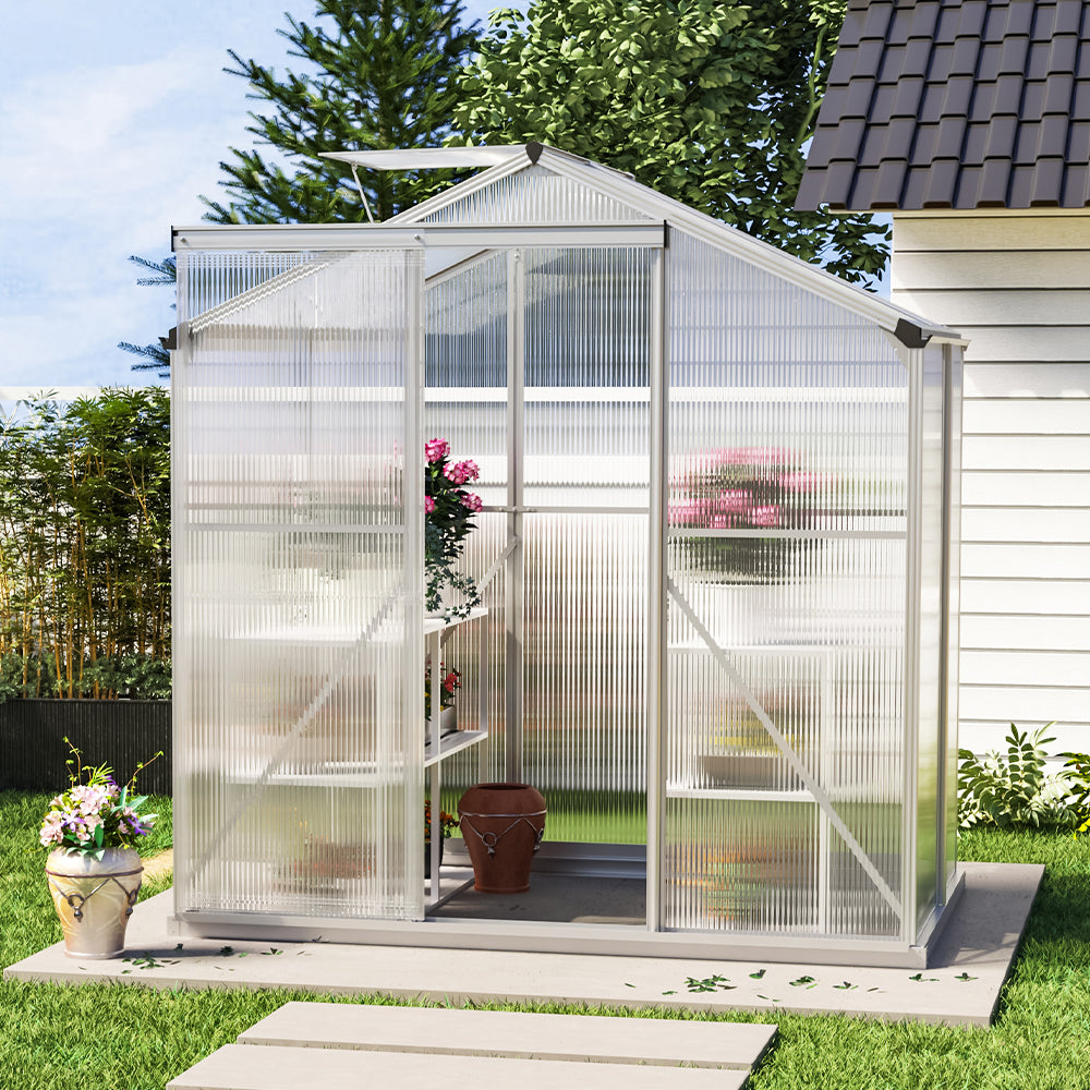 4ft x 6ft Greenhouse Polycarbonate Aluminium Greenhouse with Window, Sliding Door, and Foundation
