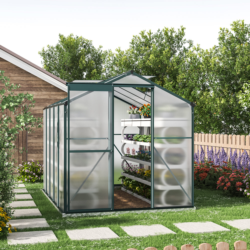 8ft x 6ft Garden Greenhouse Aluminium Polycarbonate Green Plant Housing With Base