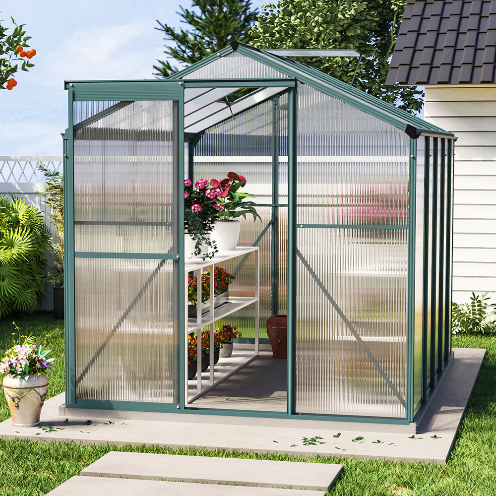 8ft x 6ft Garden Greenhouse Aluminium Polycarbonate Green Plant Housing With Base