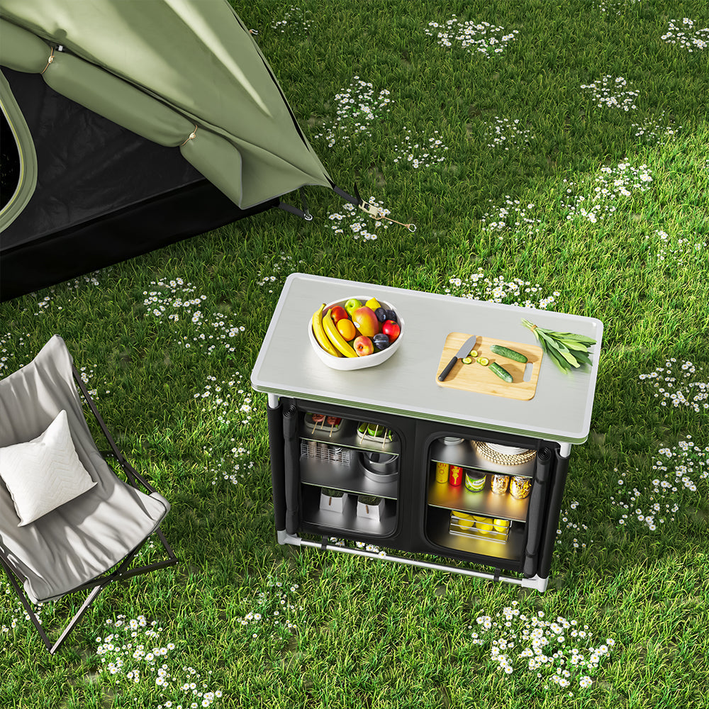 Large Camping Kitchen Cook Table Stand Folding Storage Unit Black