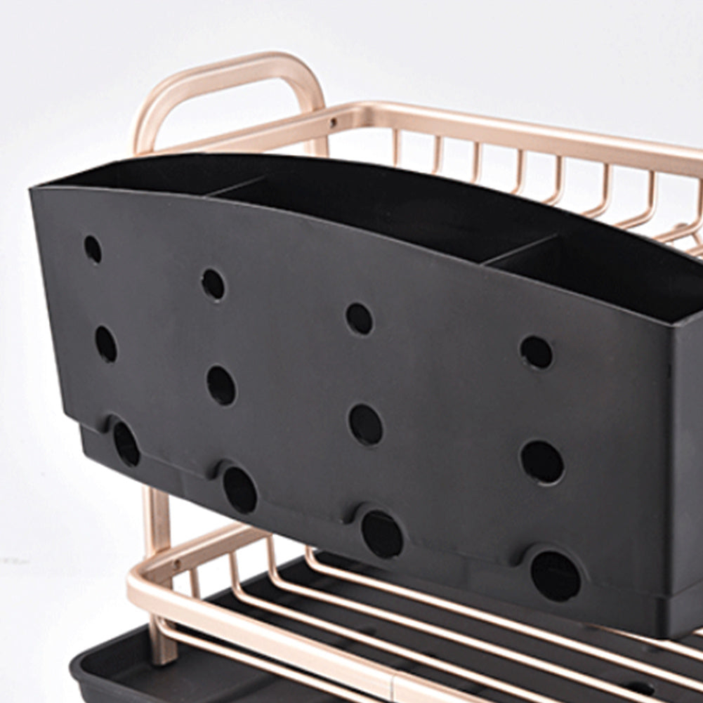 2 Tier Aluminum Dish Storage Rack with Cutlery Holder Drain Hole
