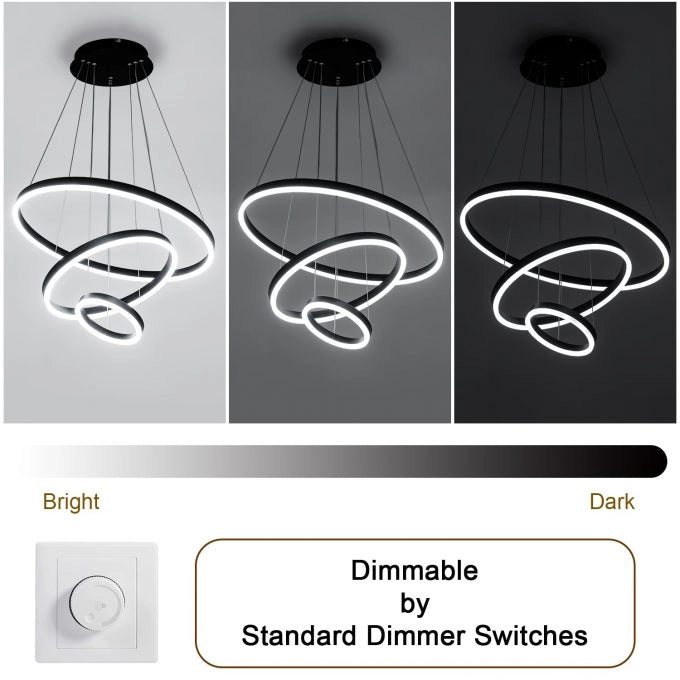 Modern 3 Ring Aluminum Round Hanging LED Pendant Light Stepless Dimmable