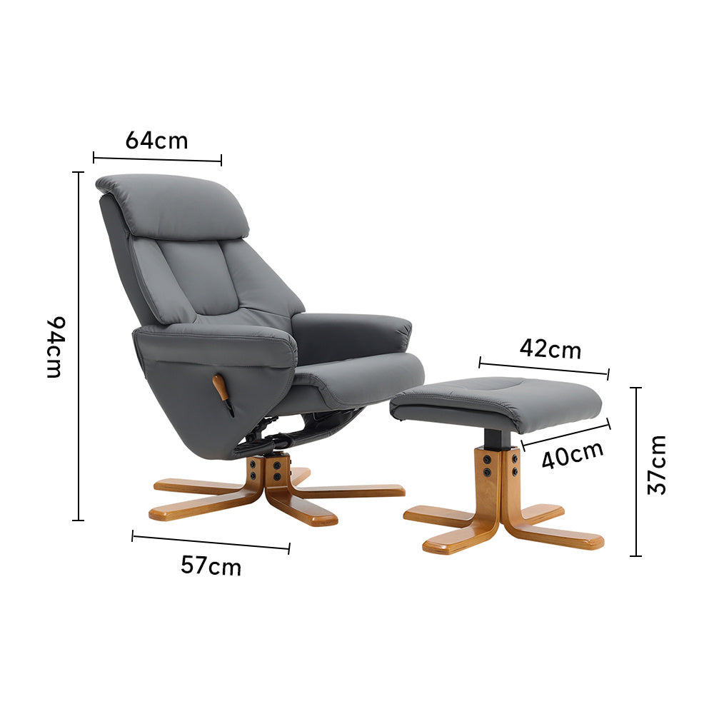 Grey PU Adjustable Tilt Swivel Faux Leather Recliner Chair With Ottoman