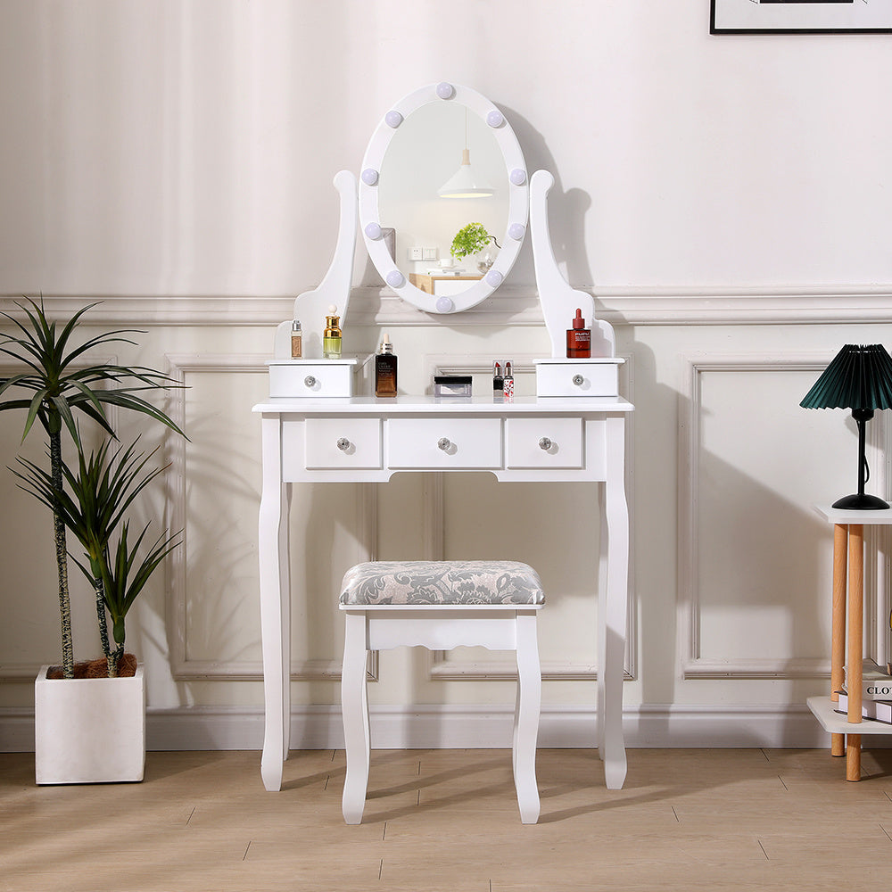 White Lighted Makeup Vanity Desk with Mirror and Stool
