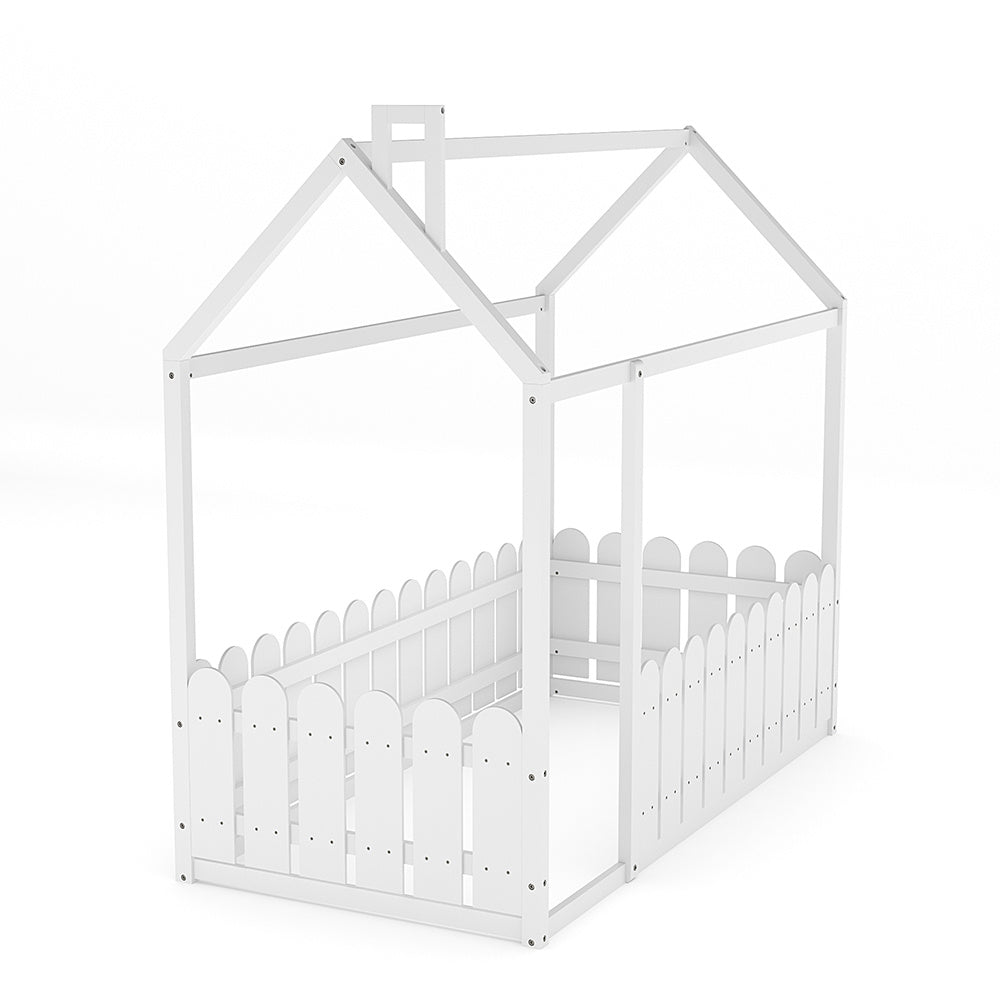 Kids House Bed with Safety Fence Solid Pine Frame Nordic White Single