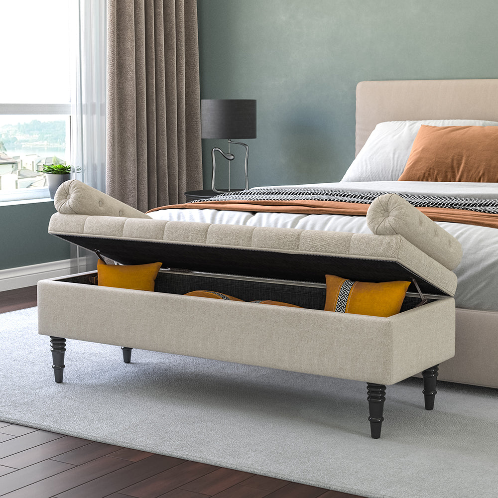 Beige Flip Top Storage Bench with Side Arms