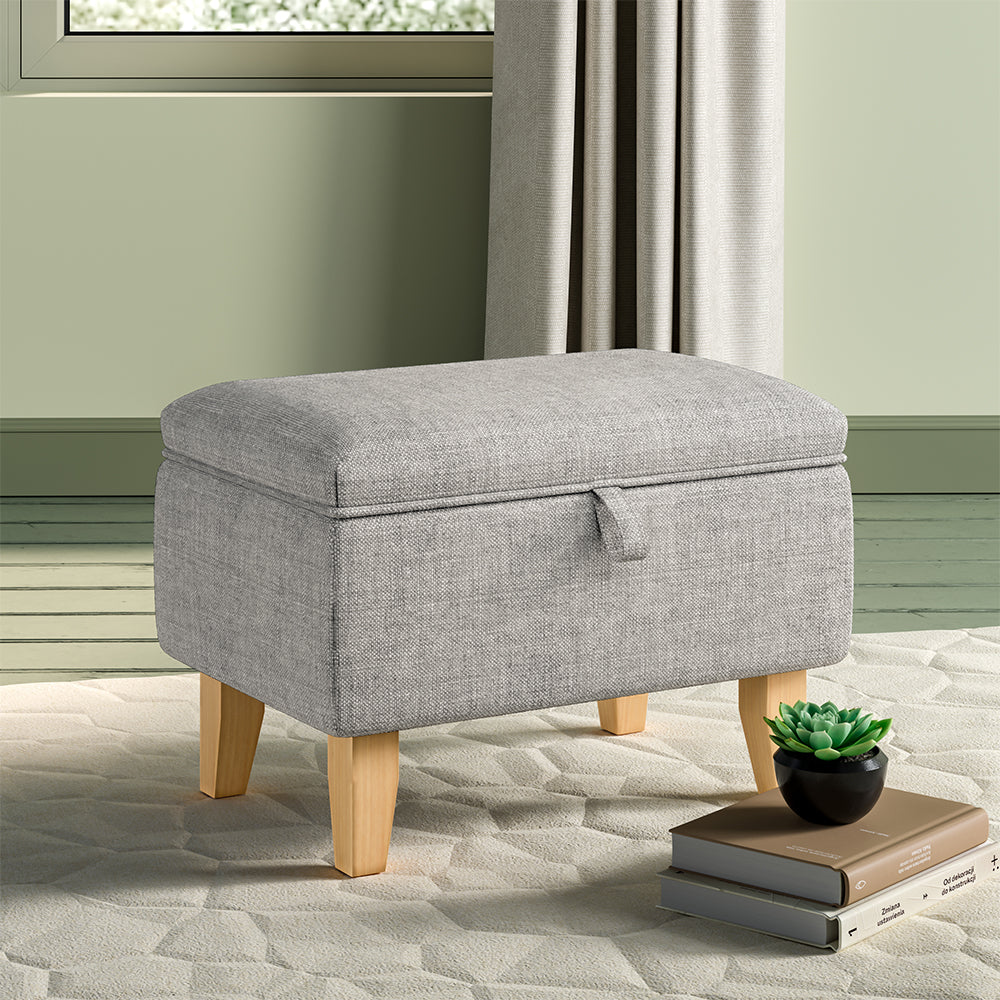 2-in-1 Linen Storage Organizer Ottoman Footstool with Cushion and Rubberwood Legs