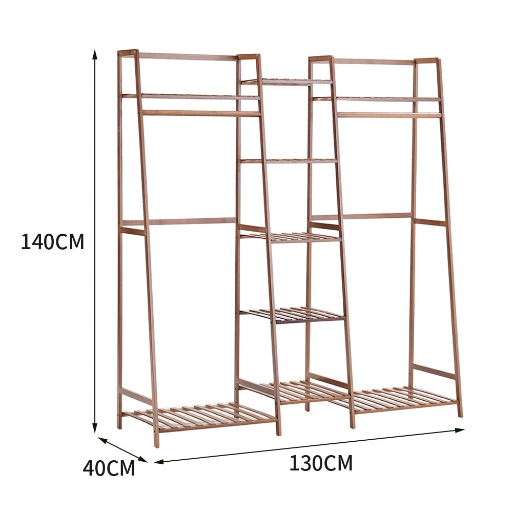 Brown Bamboo Trapezoid Storage Shelves Clothes Hanging Rack