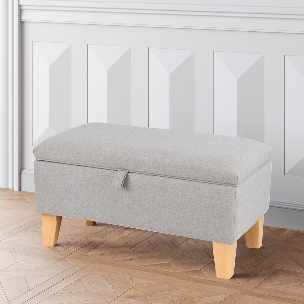 2 in 1 Linen Storage Organizer Ottoman Footstool with Hinged Lid Wooden Legs