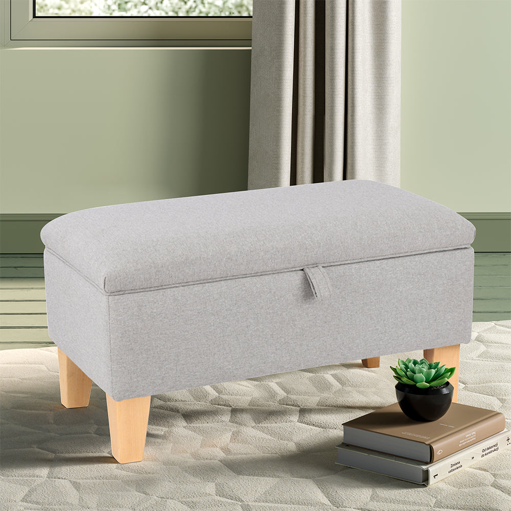 2 in 1 Linen Storage Organizer Ottoman Footstool with Hinged Lid Wooden Legs