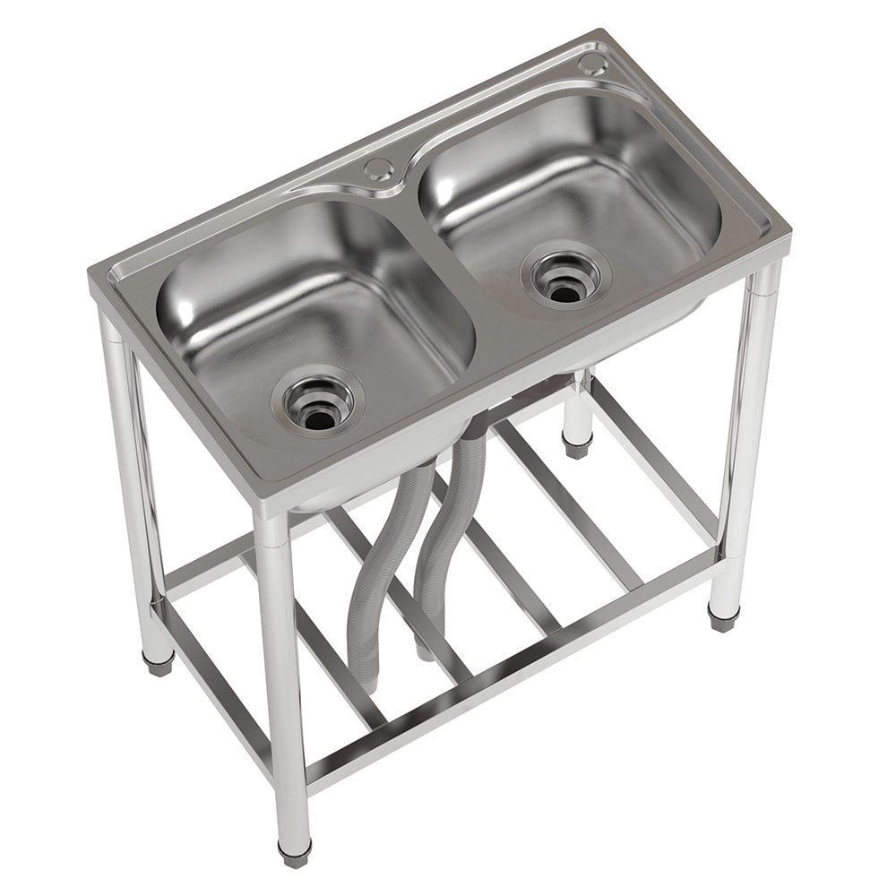 Freestanding Two Compartment Stainless Steel Sink with Shelf