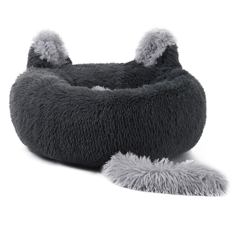 Dark Grey 70cm Round Plush Pet Dog Cat Bed with Cute Ears