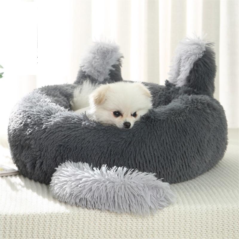 Dark Grey 50cm Round Plush Pet Dog Cat Bed with Cute Ears