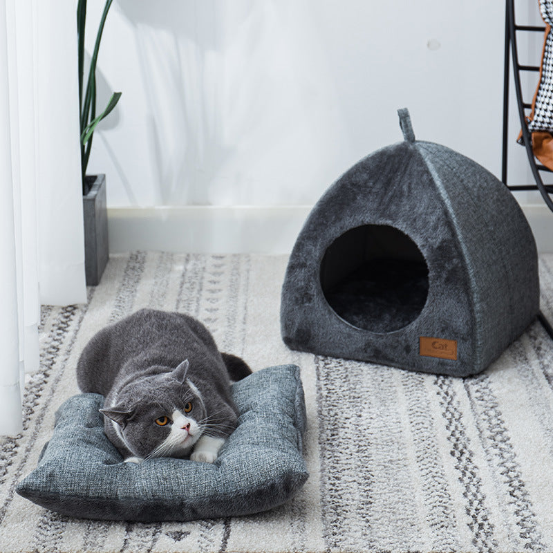 Triangular Large Dog Cat House with Soft Plush Grey Puppy Sleeping Bed Indoor