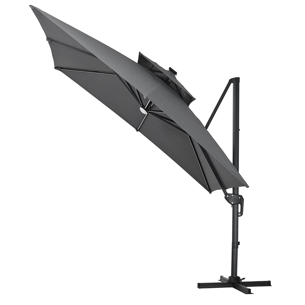 3M Dark Grey Garden LED Light Parasol Outdoor Umbrella with Cross Base