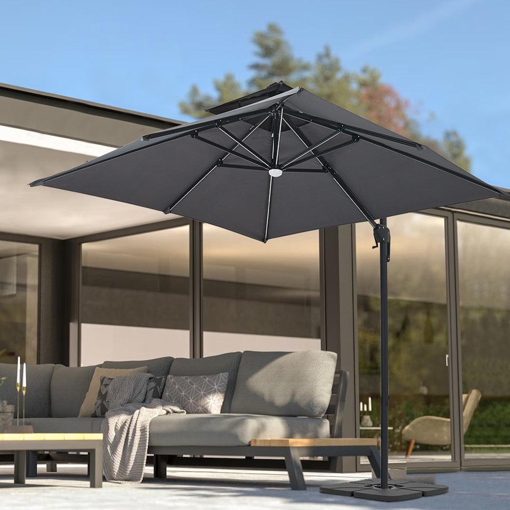 3M Dark Grey Garden LED Light Parasol Outdoor Umbrella with Petal Base