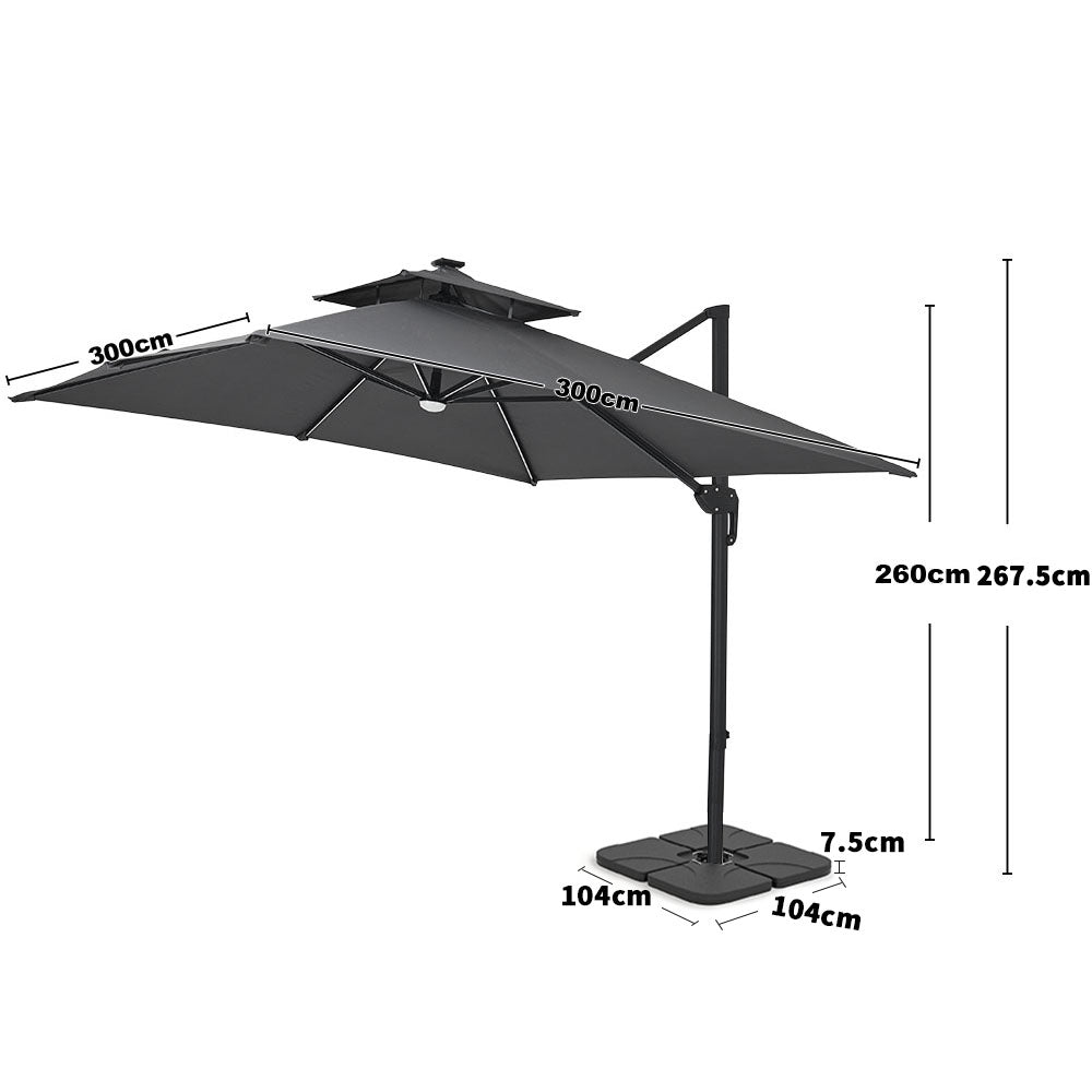 3M Dark Grey Garden LED Light Parasol Outdoor Umbrella with Petal Base
