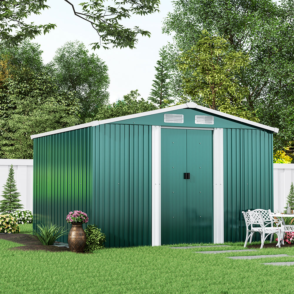 8ft x 8ft Green Metal Garden Shed Garden Storage with Base Foundation
