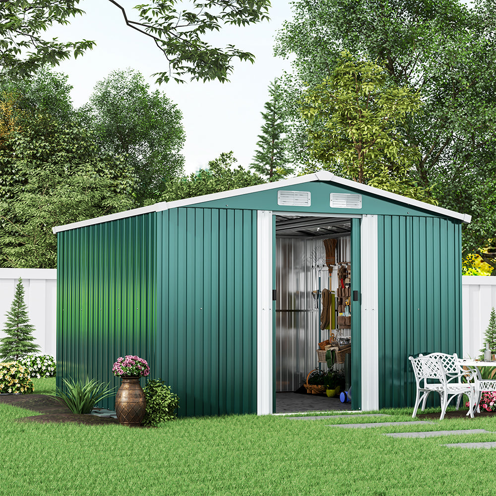 8ft x 8ft Green Metal Garden Shed Garden Storage with Base Foundation
