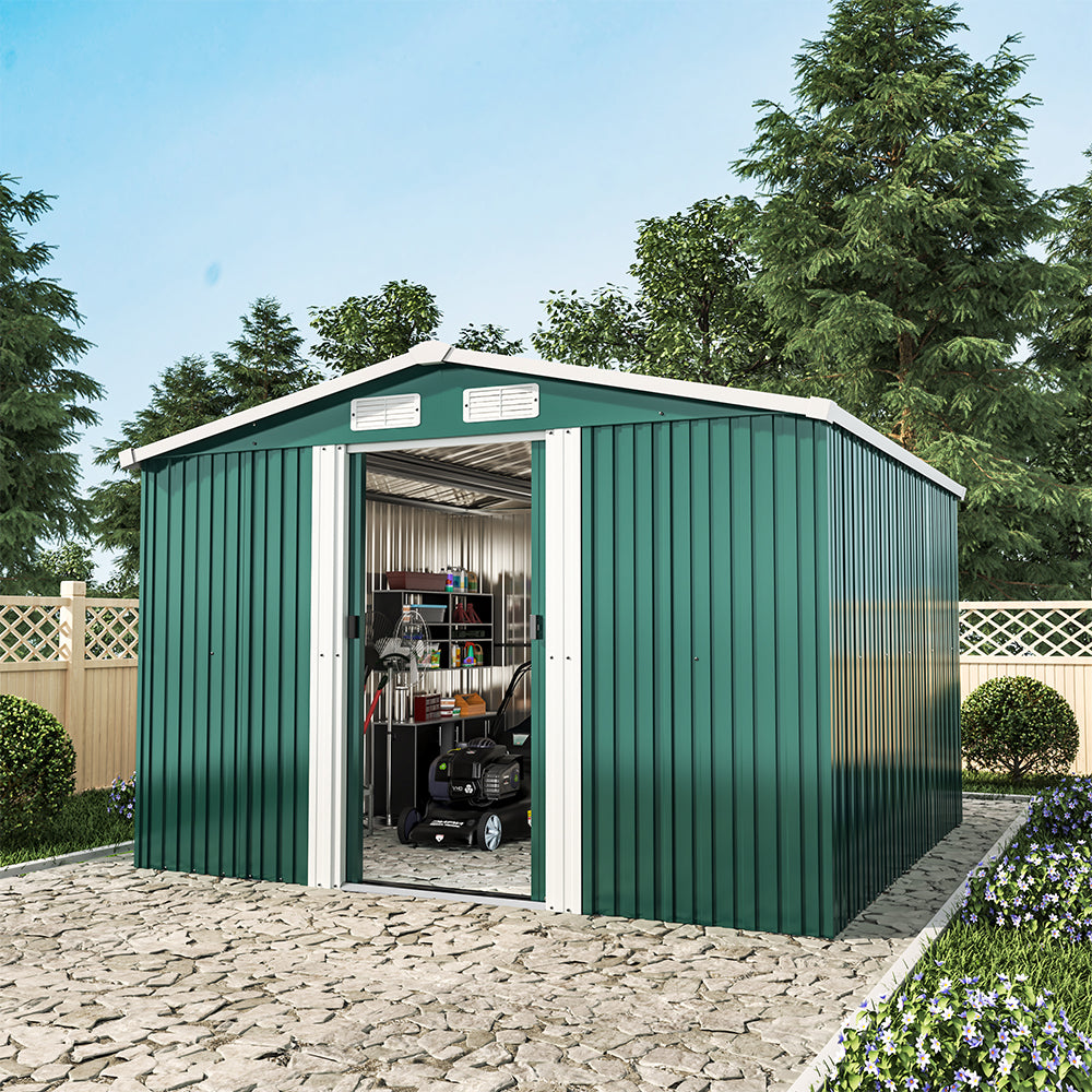 8ft x 8ft Green Metal Garden Shed Garden Storage with Base Foundation