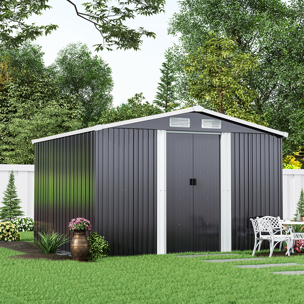 8ft x 8ft Grey Metal Garden Shed Garden Storage with Base Foundation