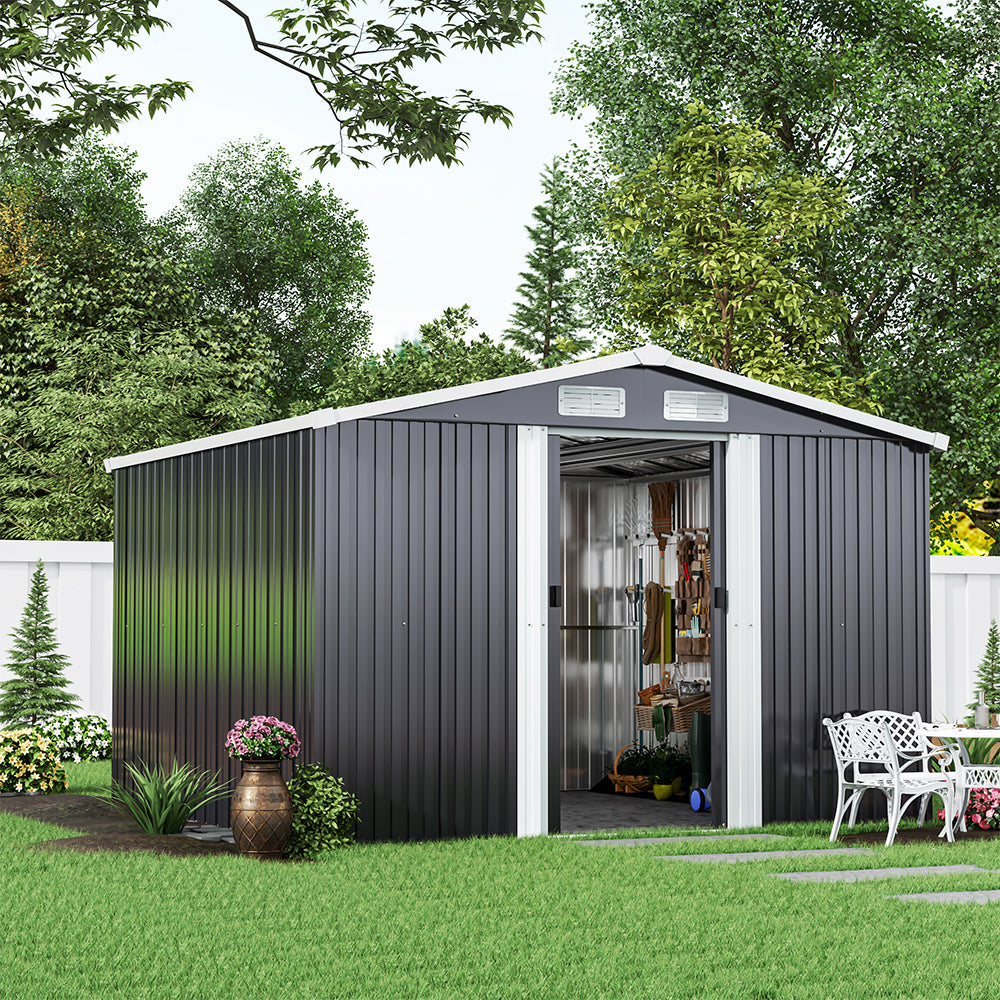 8ft x 8ft Grey Metal Garden Shed Garden Storage with Base Foundation