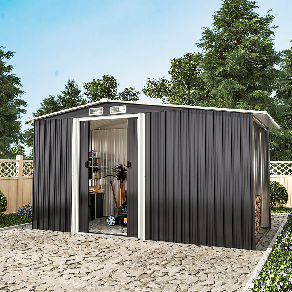 8ft x 4ft Grey Garden Metal Storage Shed With Log Wood Store Room Space