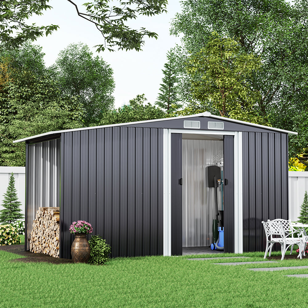 8ft x 4ft Grey Garden Metal Storage Shed With Log Wood Store Room Space