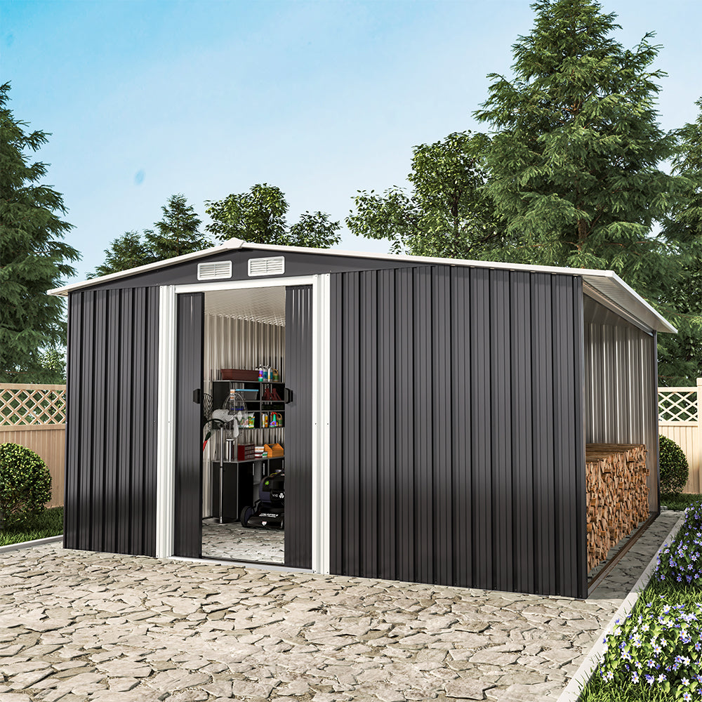 8ft x 8ft Metal Garden Tools Shed With Firewood Log Storage,Dark Grey