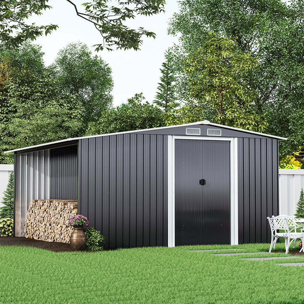 8ft x 8ft Metal Garden Tools Shed With Firewood Log Storage,Dark Grey