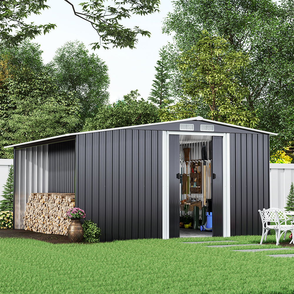 8ft x 8ft Metal Garden Tools Shed With Firewood Log Storage,Dark Grey