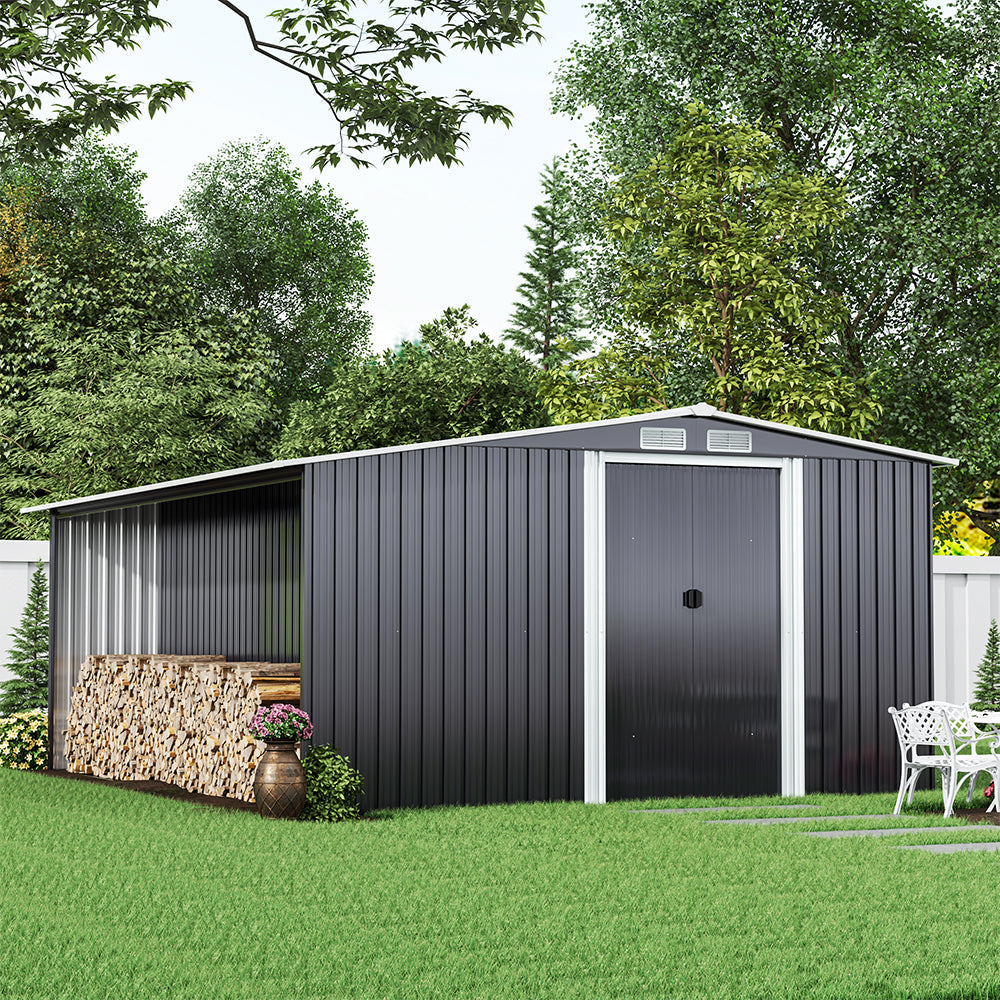 10ft x 8ft Metal Garden Tools Shed With Firewood Log Storage,Dark Grey