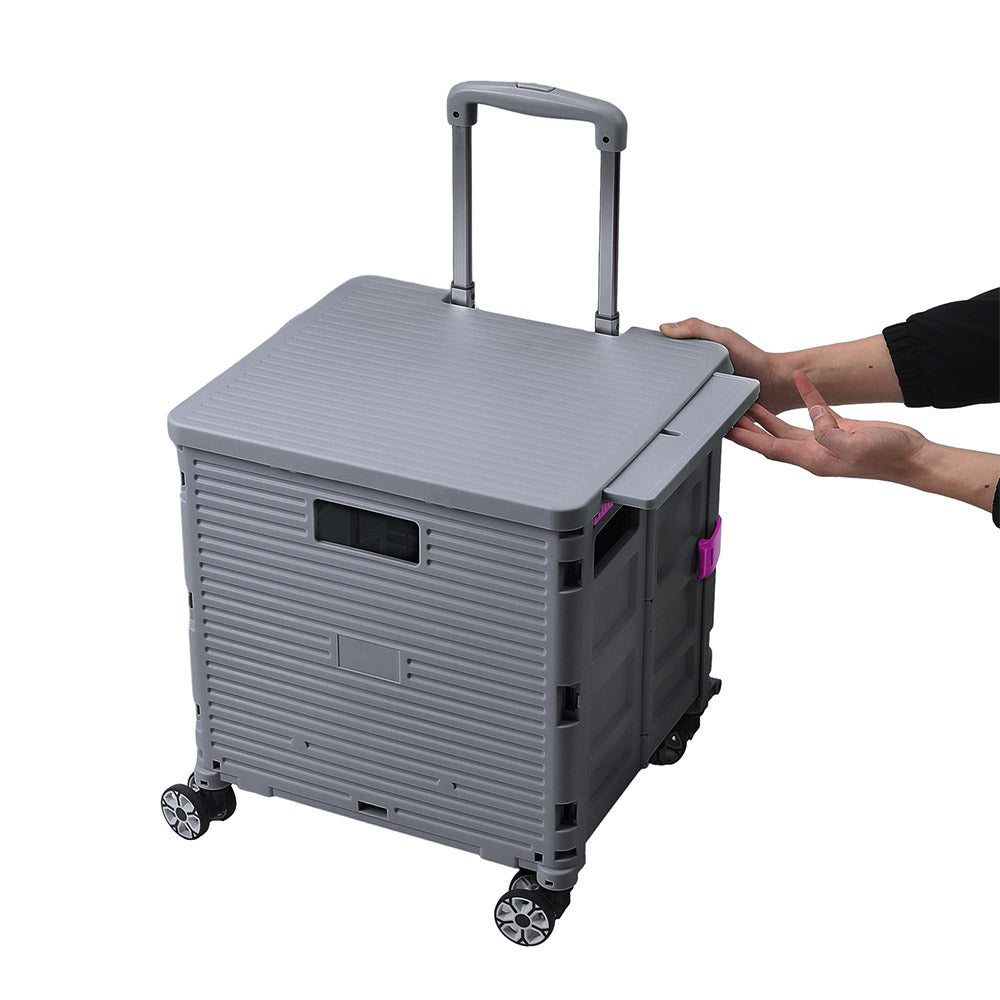 Grey 55L Collapsible Rolling Utility Crate with Magnetic Lid and Adjustable Handle
