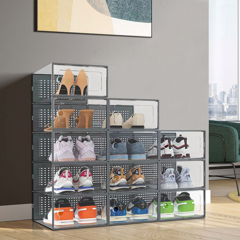 Grey 12 Stackable Shoe Storage Box Organiser